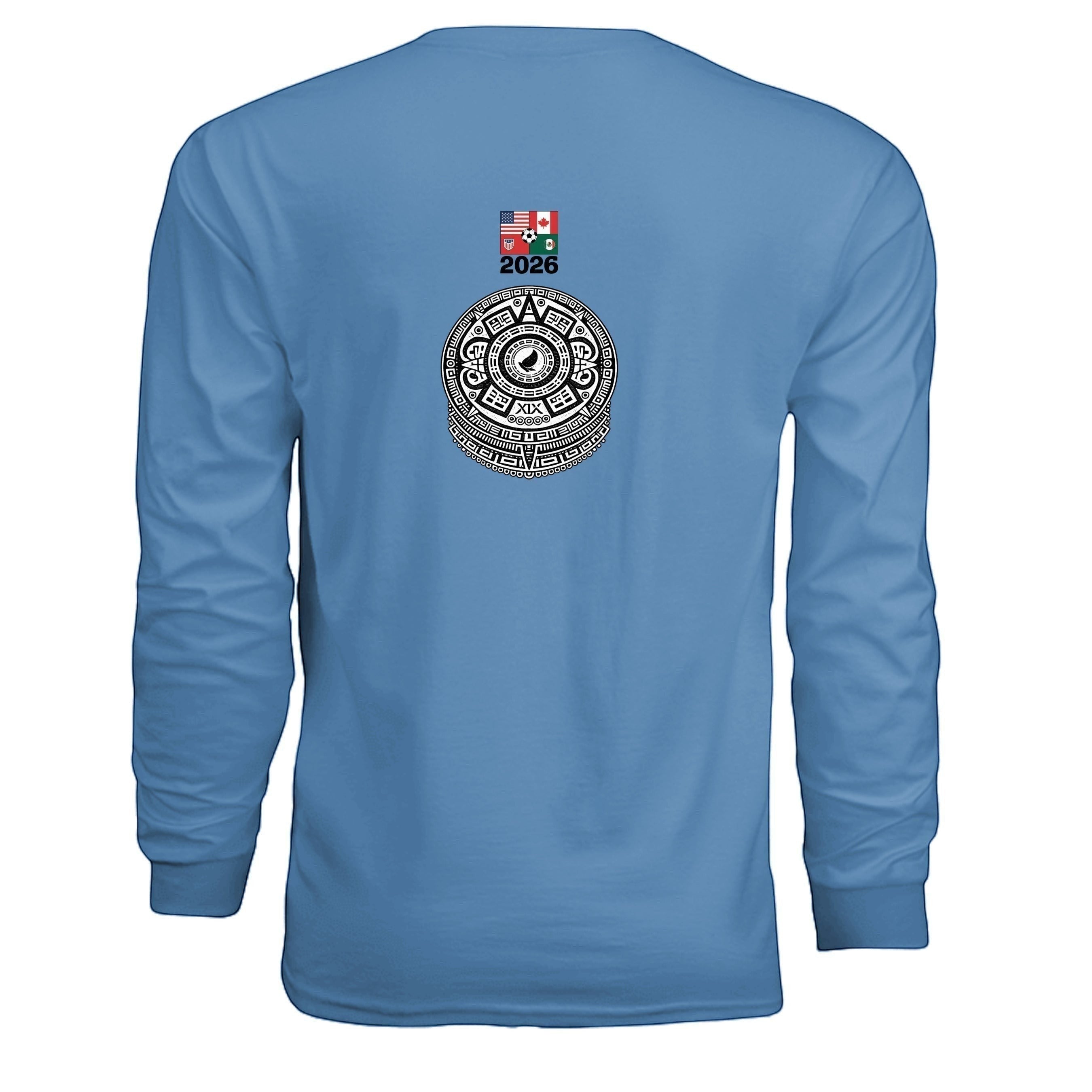Stylio Gildan G240 light blue 100% cotton long-sleeve t-shirt with 2026 FIFA World Cup graphic on back.