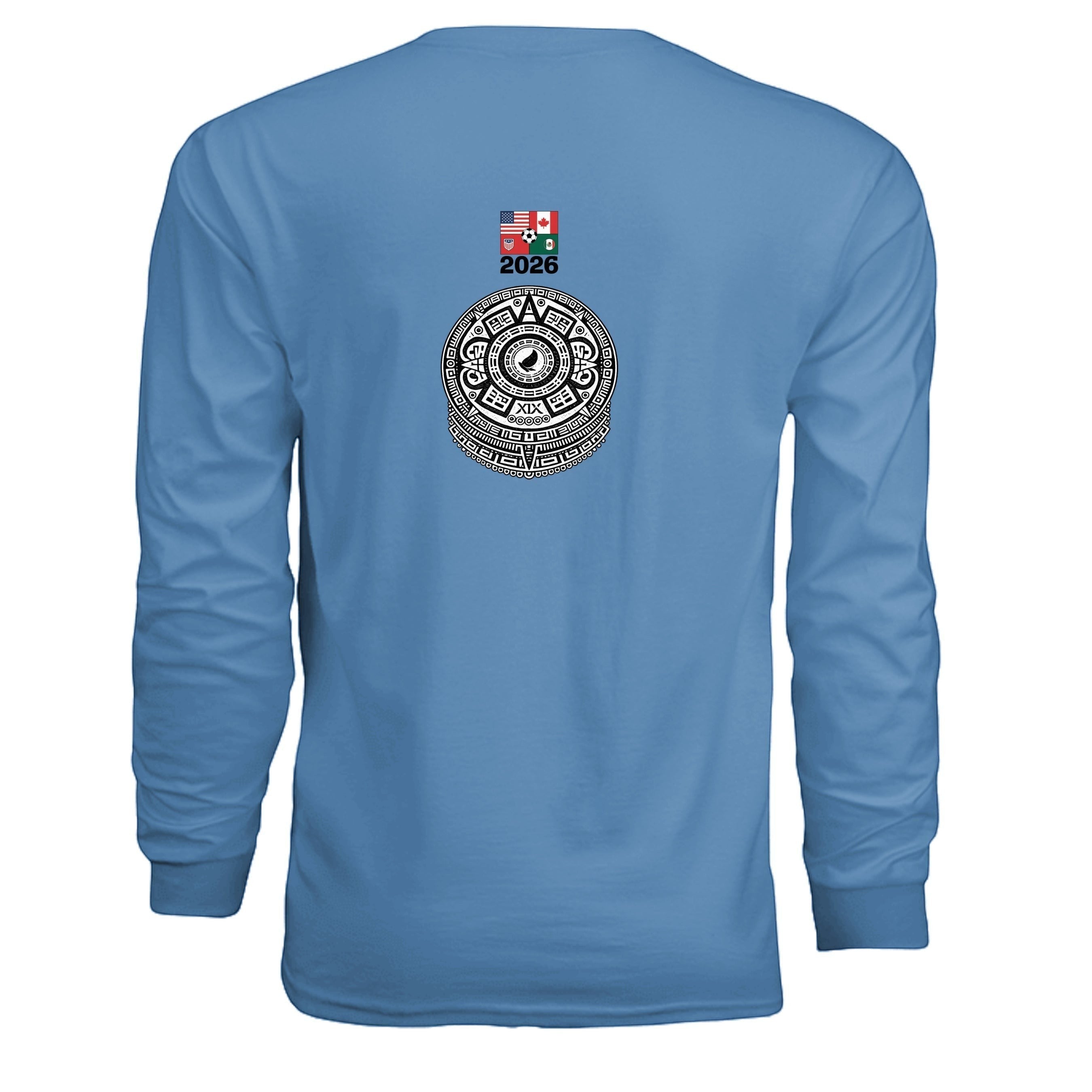 Stylio Gildan G240 light blue 100% cotton long-sleeve t-shirt with 2026 FIFA World Cup graphic on back.