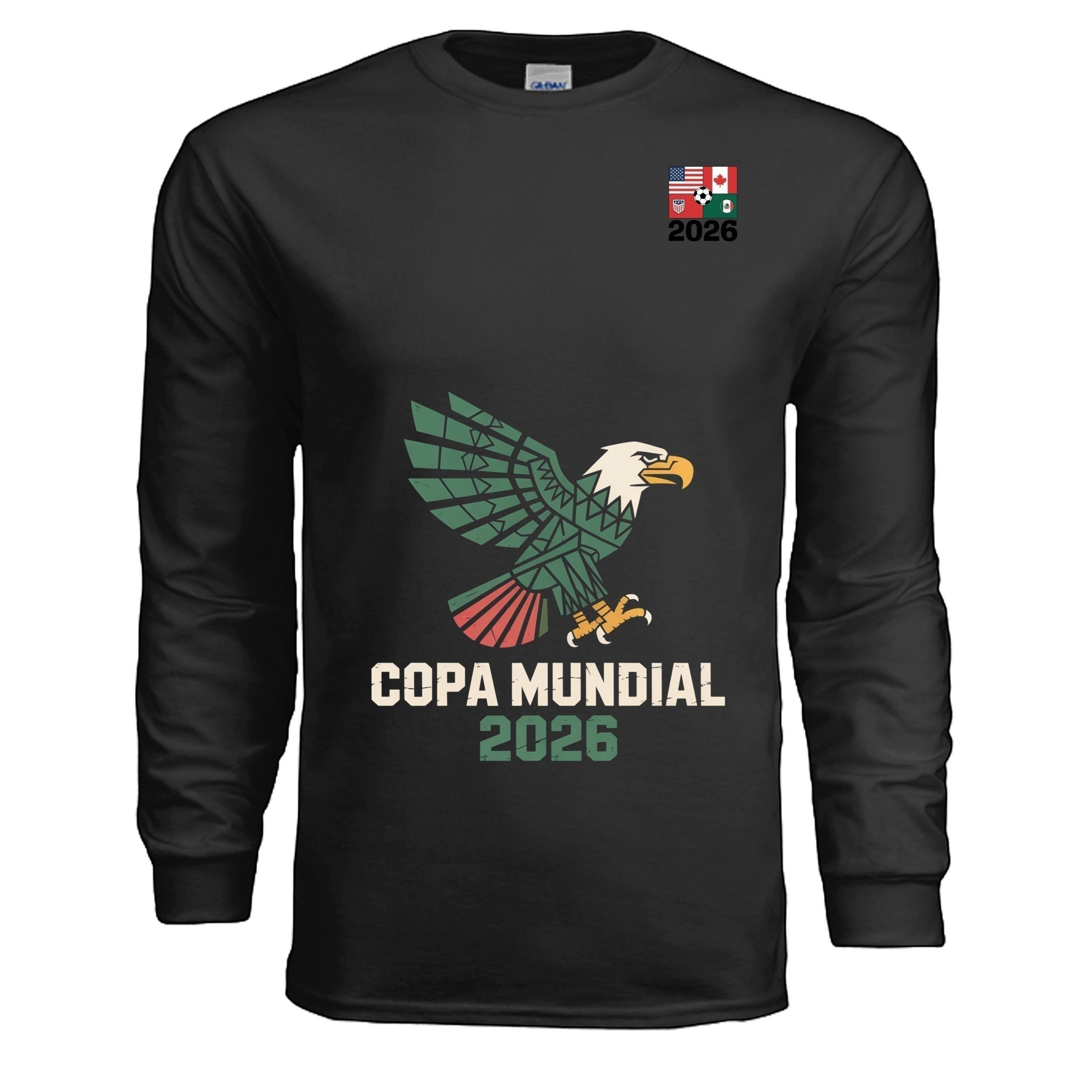 Stylio black 100% cotton long-sleeve t-shirt with a graphic of an eagle and "COPA MUNDIAL 2026" text.