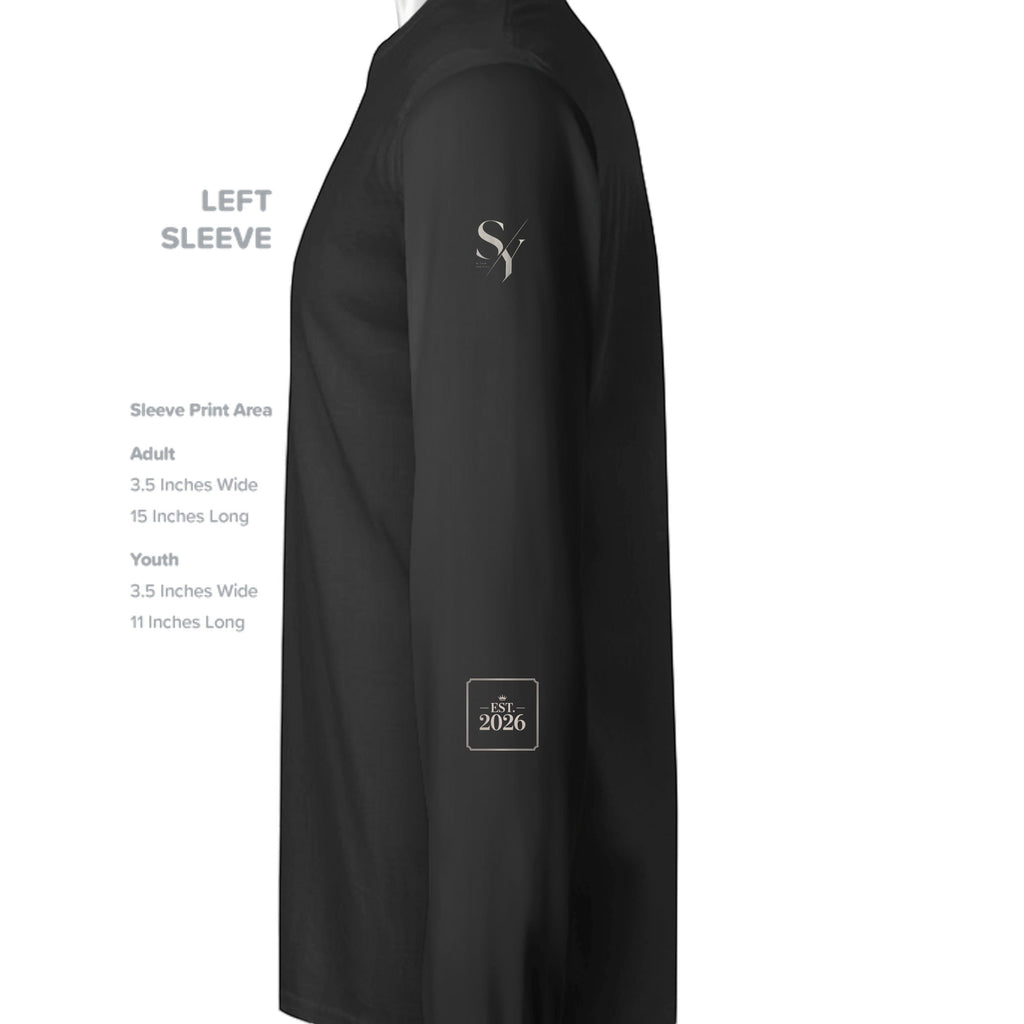 Stylio black 100% cotton long-sleeve t-shirt with ribbed cuffs and a small logo on the sleeve.