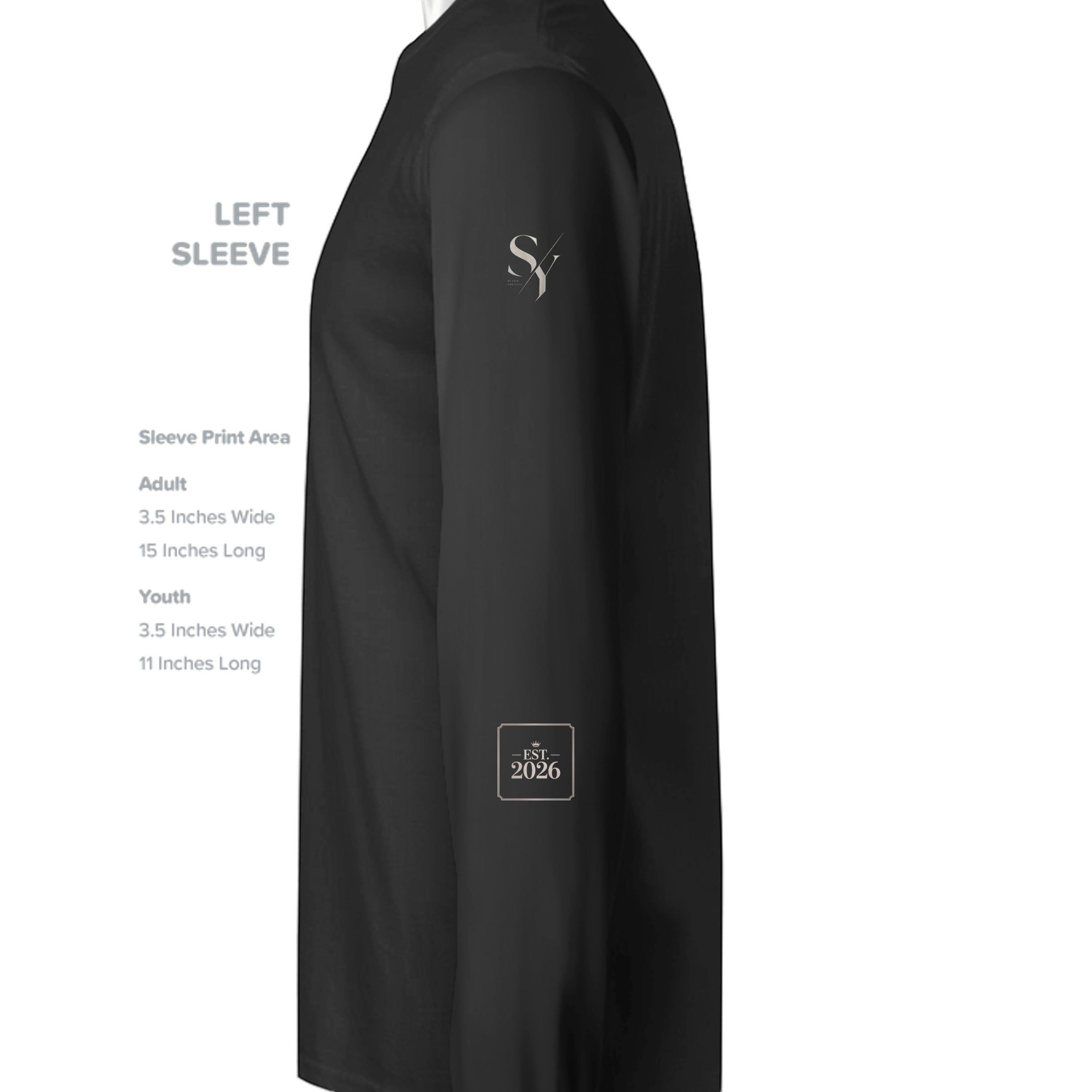 Stylio black 100% cotton long-sleeve t-shirt with ribbed cuffs and a small logo on the sleeve.