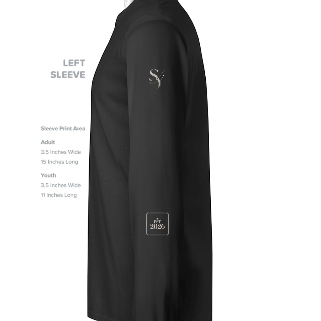 Stylio black 100% cotton long-sleeve t-shirt with ribbed cuffs and a small logo on the sleeve.