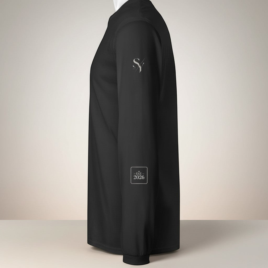 Stylio black 100% cotton long-sleeve t-shirt with ribbed cuffs and crew neck. Features subtle logo detail on sleeve.