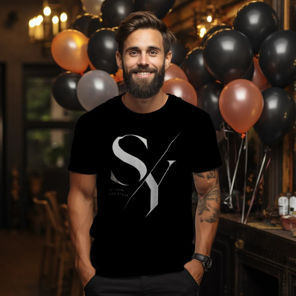 Stylio x Under Armour black 100% recycled polyester t-shirt with graphic logo and moisture-wicking fabric.