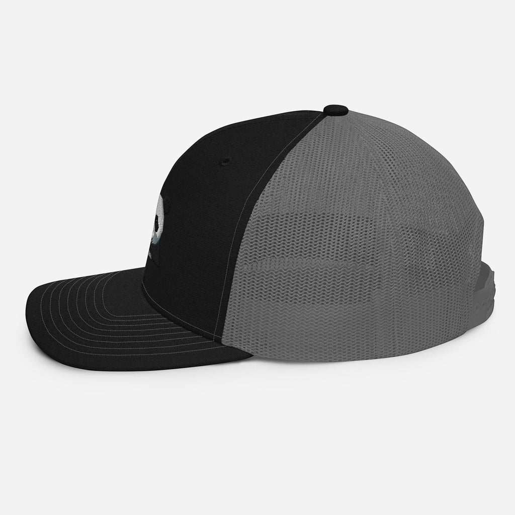 Stylio black and grey trucker cap with embroidered logo on front and mesh back for breathability.