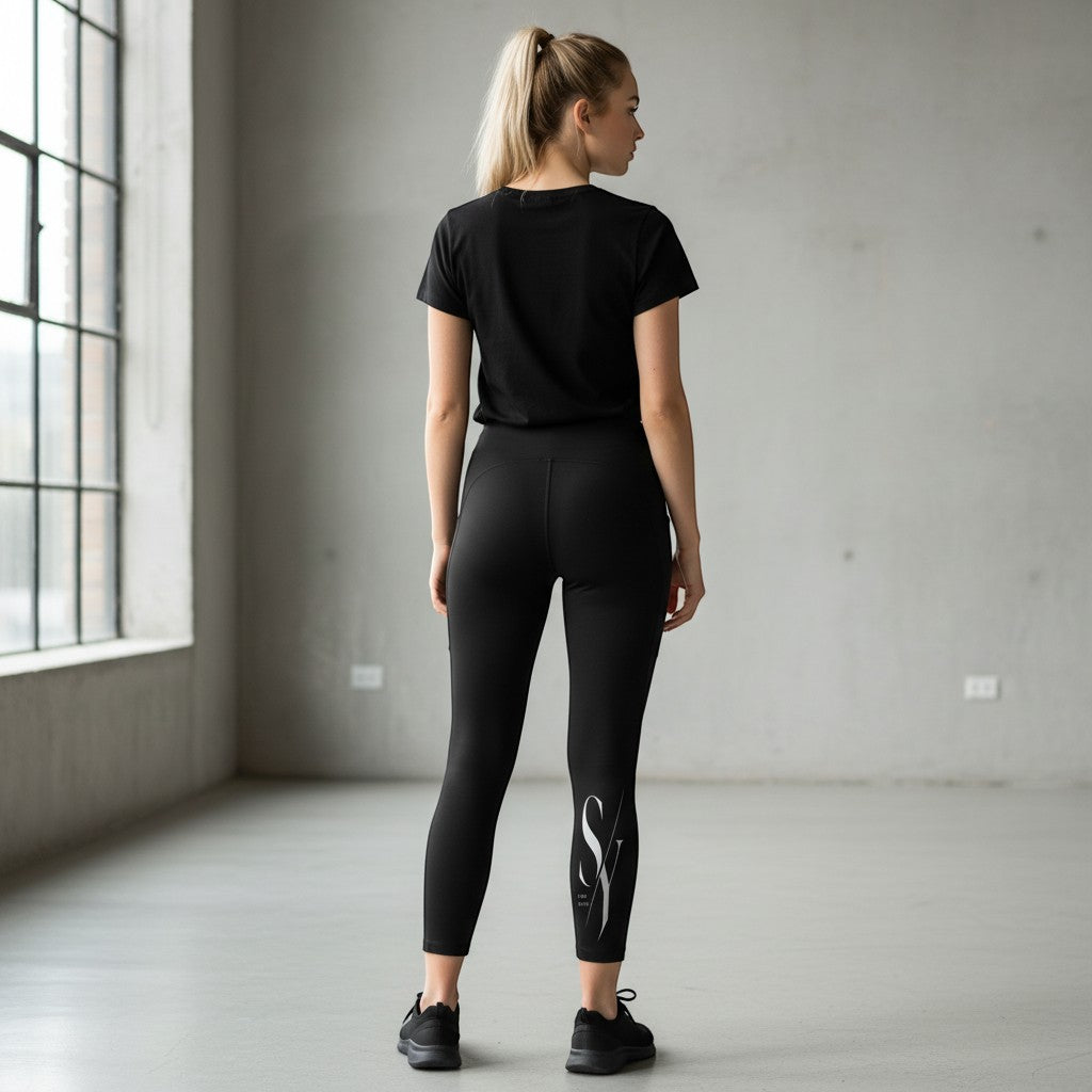 Stylio black high-rise 7/8 leggings with phone pocket and subtle logo detail on the calf, worn by a woman.
