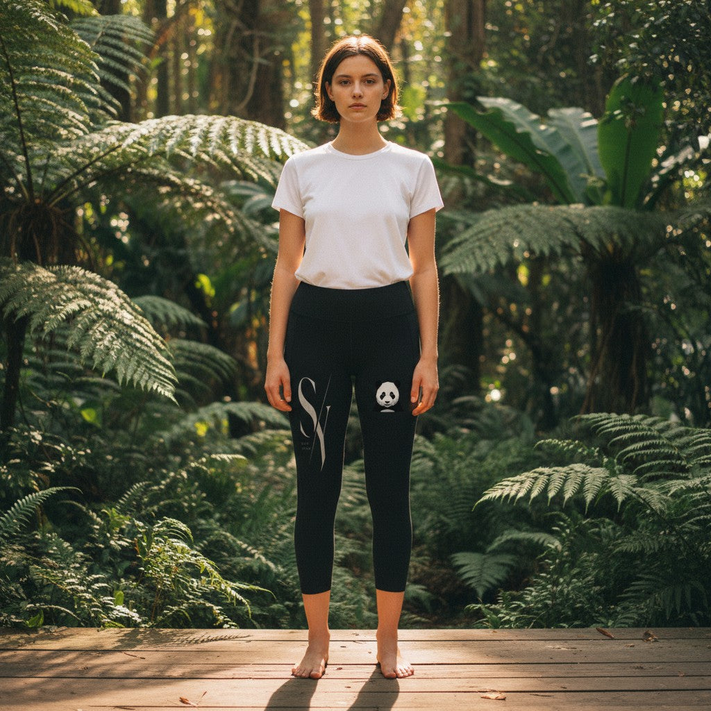 Stylio black high-rise 7/8 leggings with a panda graphic and "BE YOUR OWN STYLE" text.