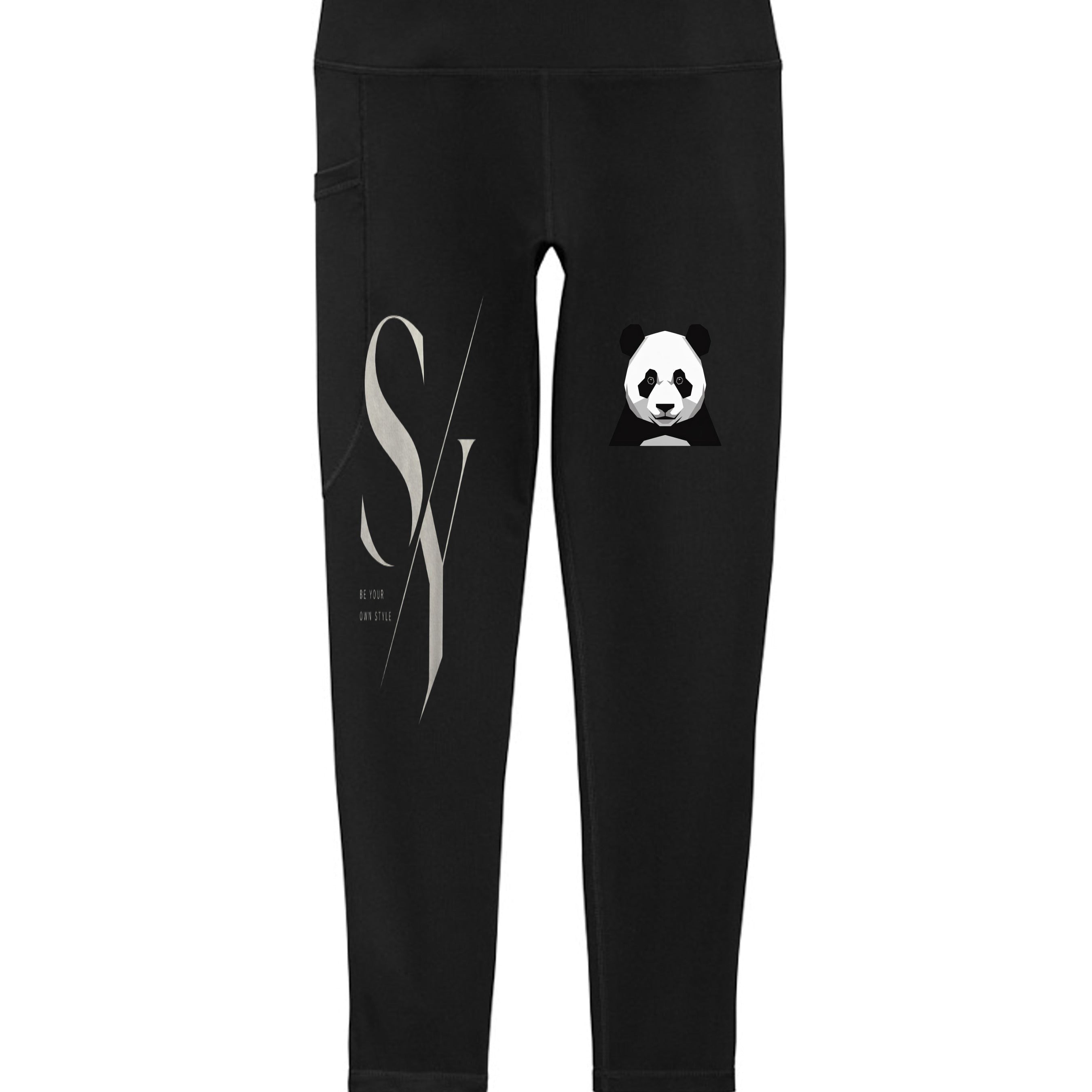 Stylio black high-rise 7/8 leggings with a panda graphic and side pocket. Made from polyester and spandex.