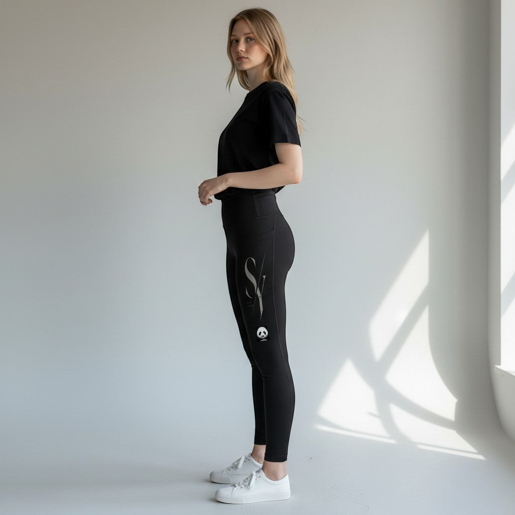 Stylio black high-rise 7/8 leggings with phone pocket and subtle logo detail on a woman wearing a black t-shirt and white sneakers.