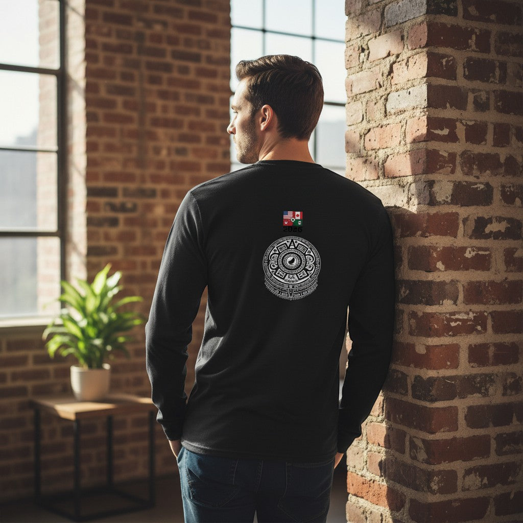 Stylio black 100% cotton long-sleeve t-shirt with a white Aztec calendar graphic on the back.