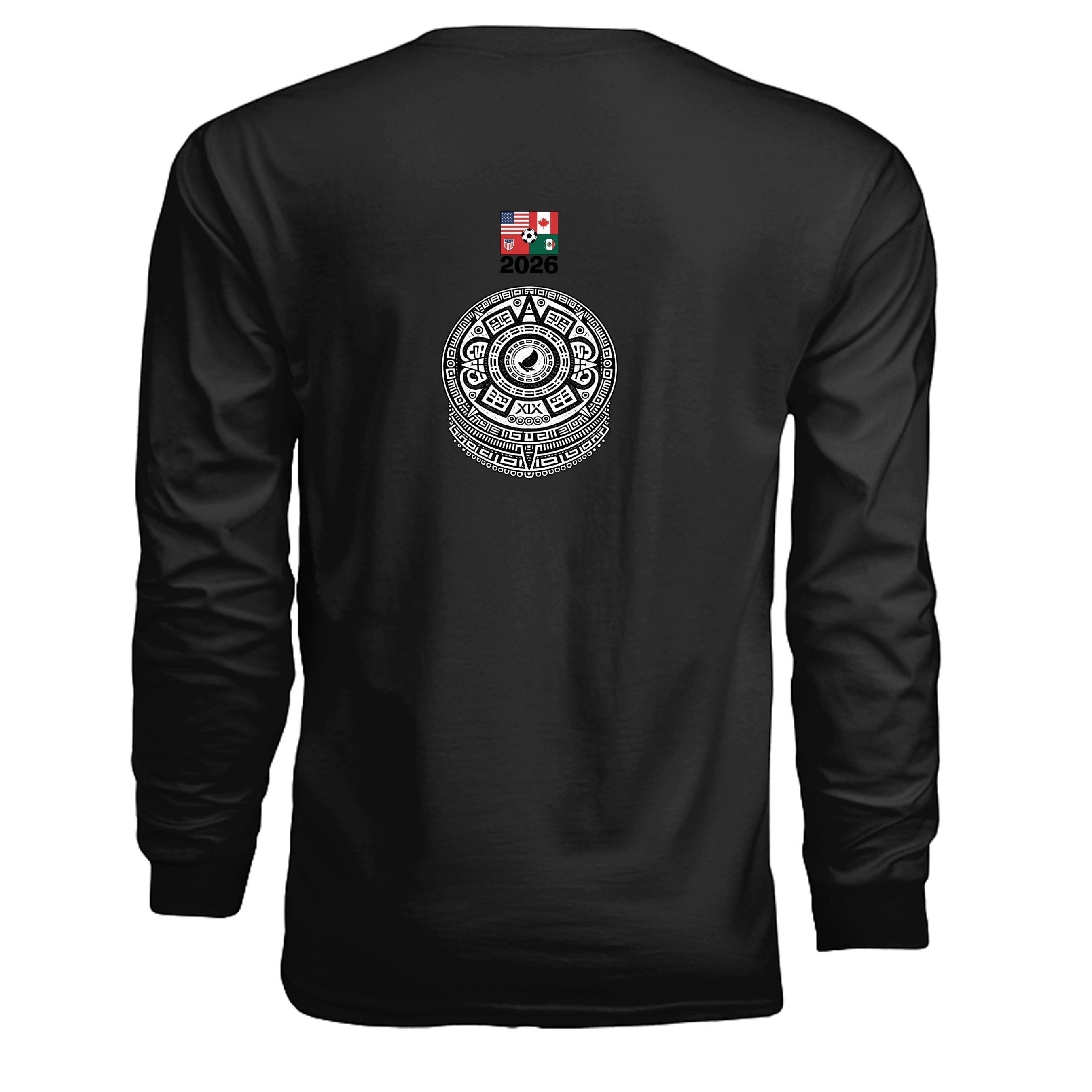 Stylio black 100% cotton long-sleeve t-shirt with a graphic print of a Mayan calendar and flags of USA, Canada, and Mexico, celebrating the 2026 World Cup.