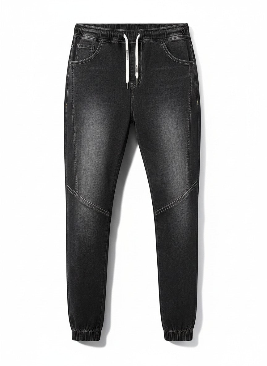 Stylio men's black washed denim jeans with drawstring waist and elastic cuffs. Loose fit, 100% cotton.