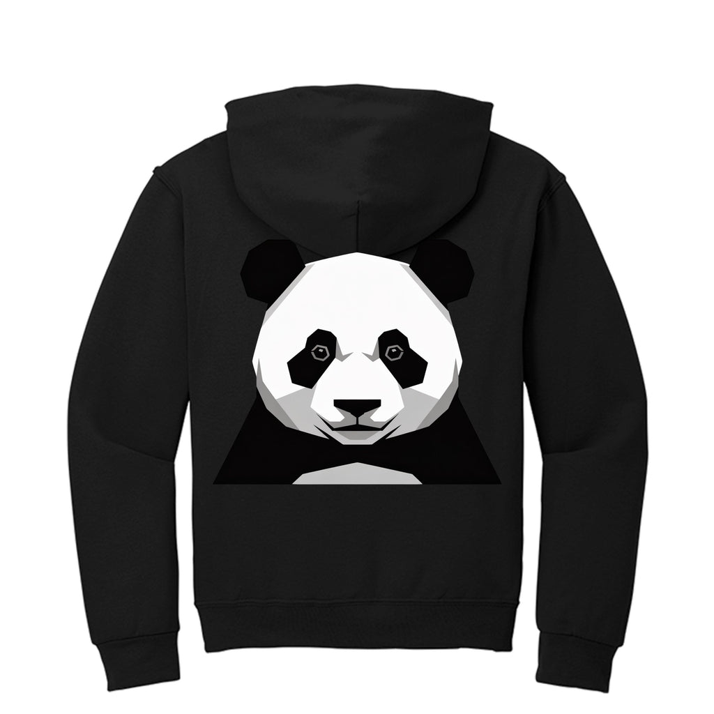 Stylio black zip-up hoodie with a geometric panda face graphic on the back. Made from 8 oz. NuBlend fleece.