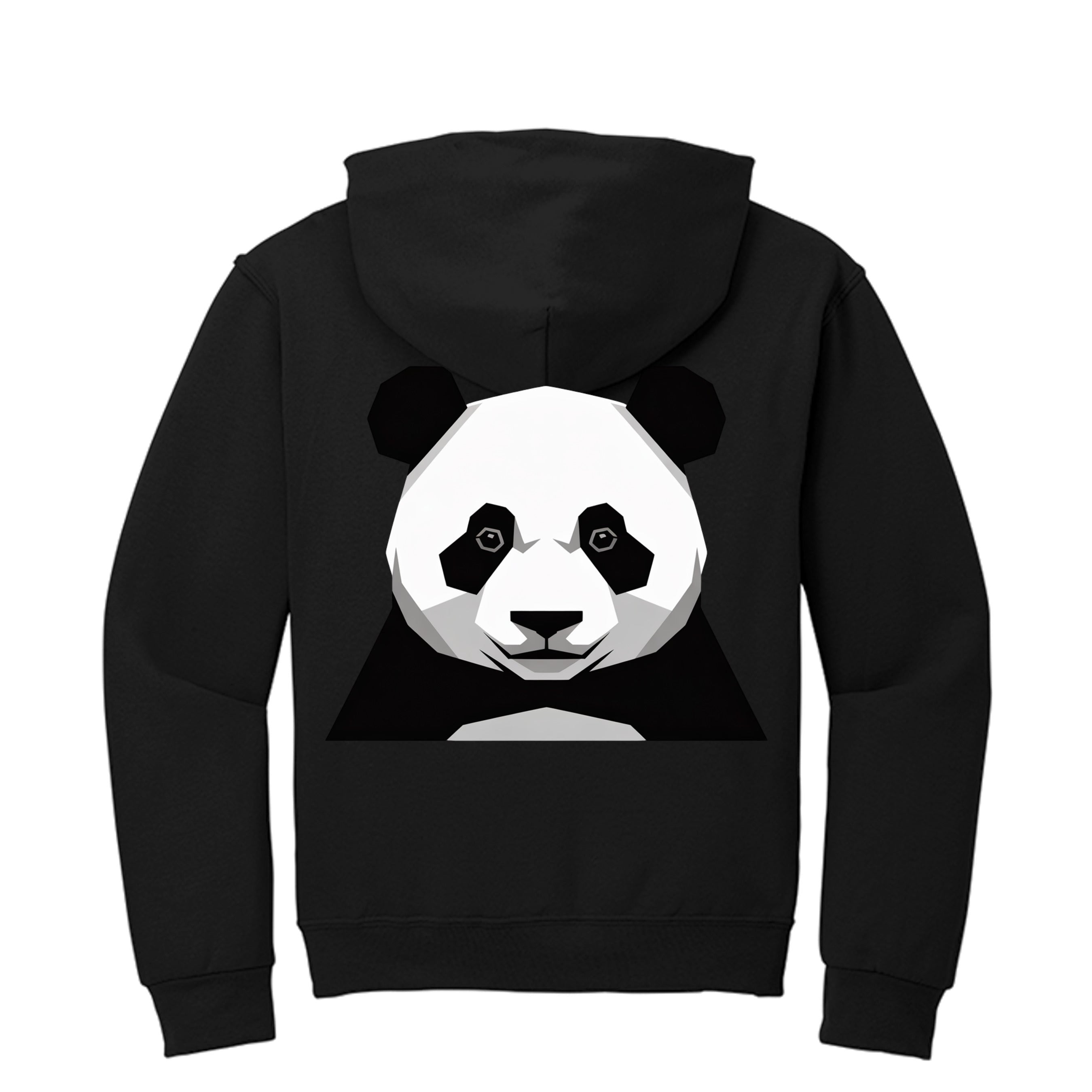 Stylio black zip-up hoodie with a geometric panda face graphic on the back. Made from 8 oz. NuBlend fleece.