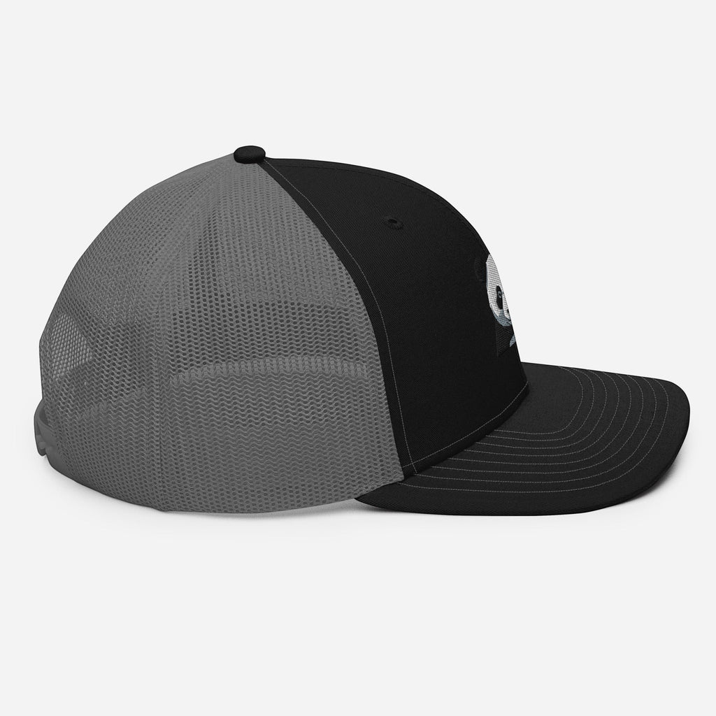 Stylio black trucker cap with grey mesh back and embroidered panda graphic. Features a structured fit and curved visor.