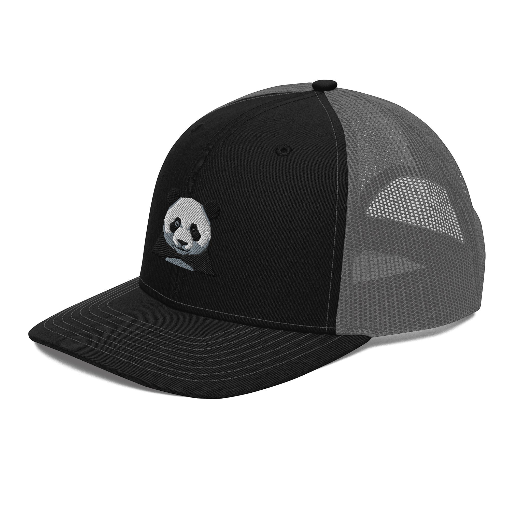 Stylio black trucker cap with grey mesh back and embroidered panda graphic on the front panel. Features a curved visor and snapback closure.