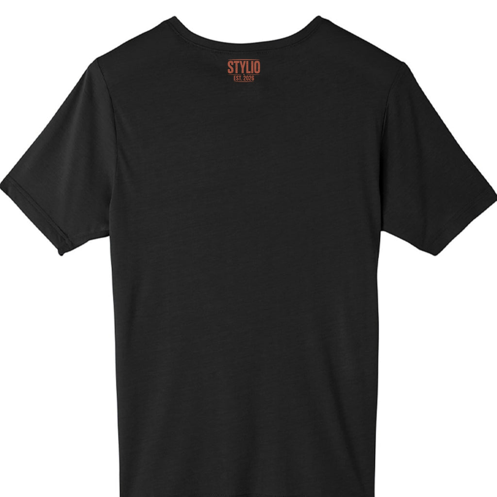 Stylio black performance t-shirt for men, made of moisture-wicking ChromaSoft polyester with a crew neck and short sleeves.