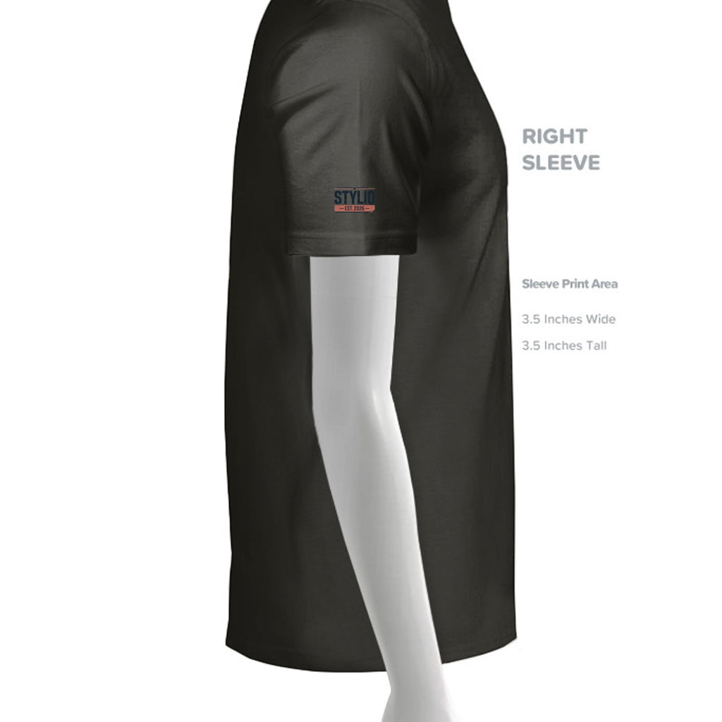 Stylio black tall men's performance t-shirt made of moisture-wicking polyester with a small logo on the sleeve.