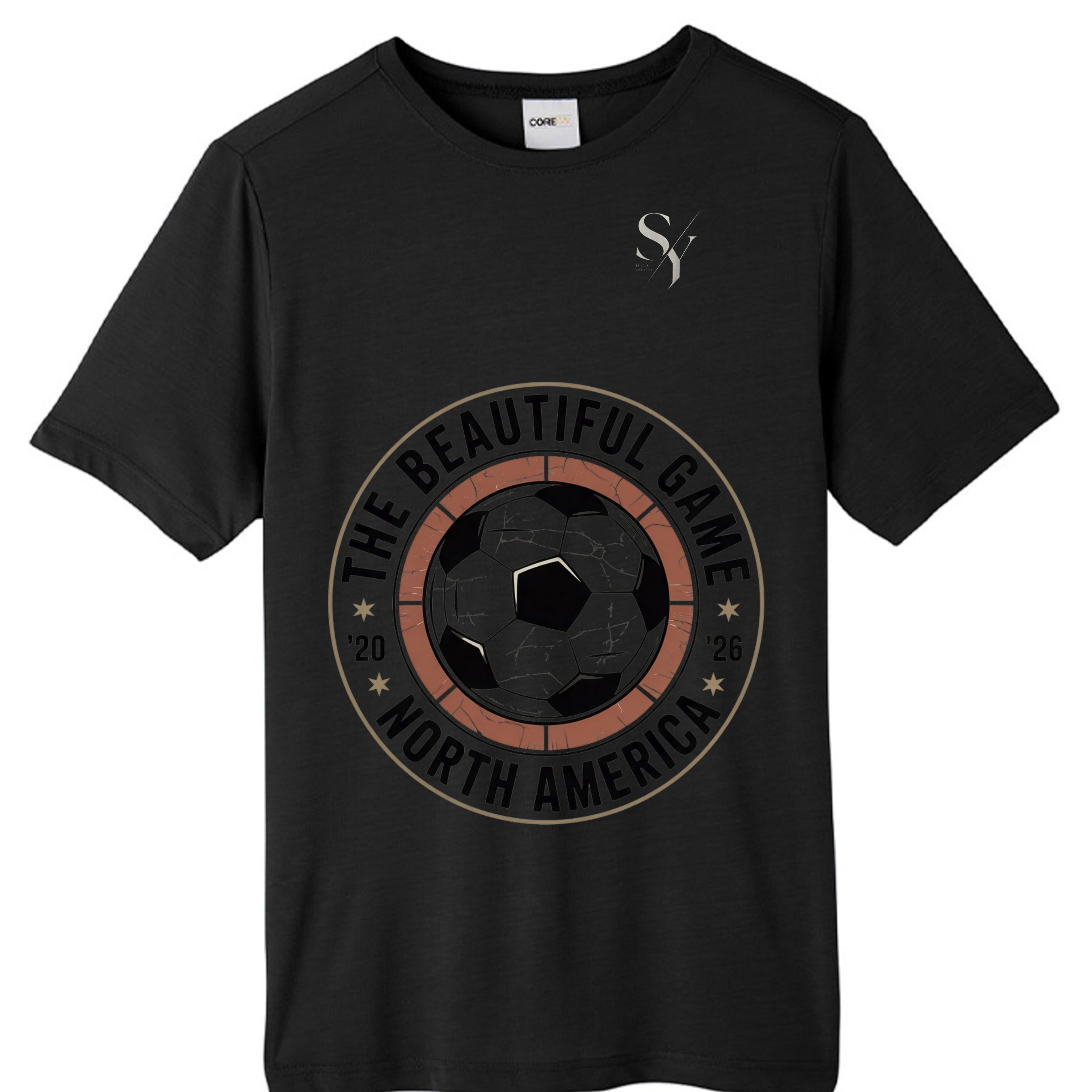 Stylio black short-sleeve polyester t-shirt with a graphic of a soccer ball and text "The Beautiful Game North America" and "20 26".