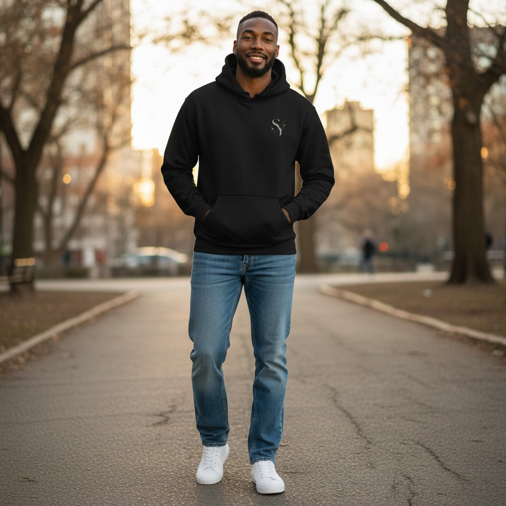 Stylio black cotton-polyester blend hoodie with SY logo on chest and front pouch pocket.