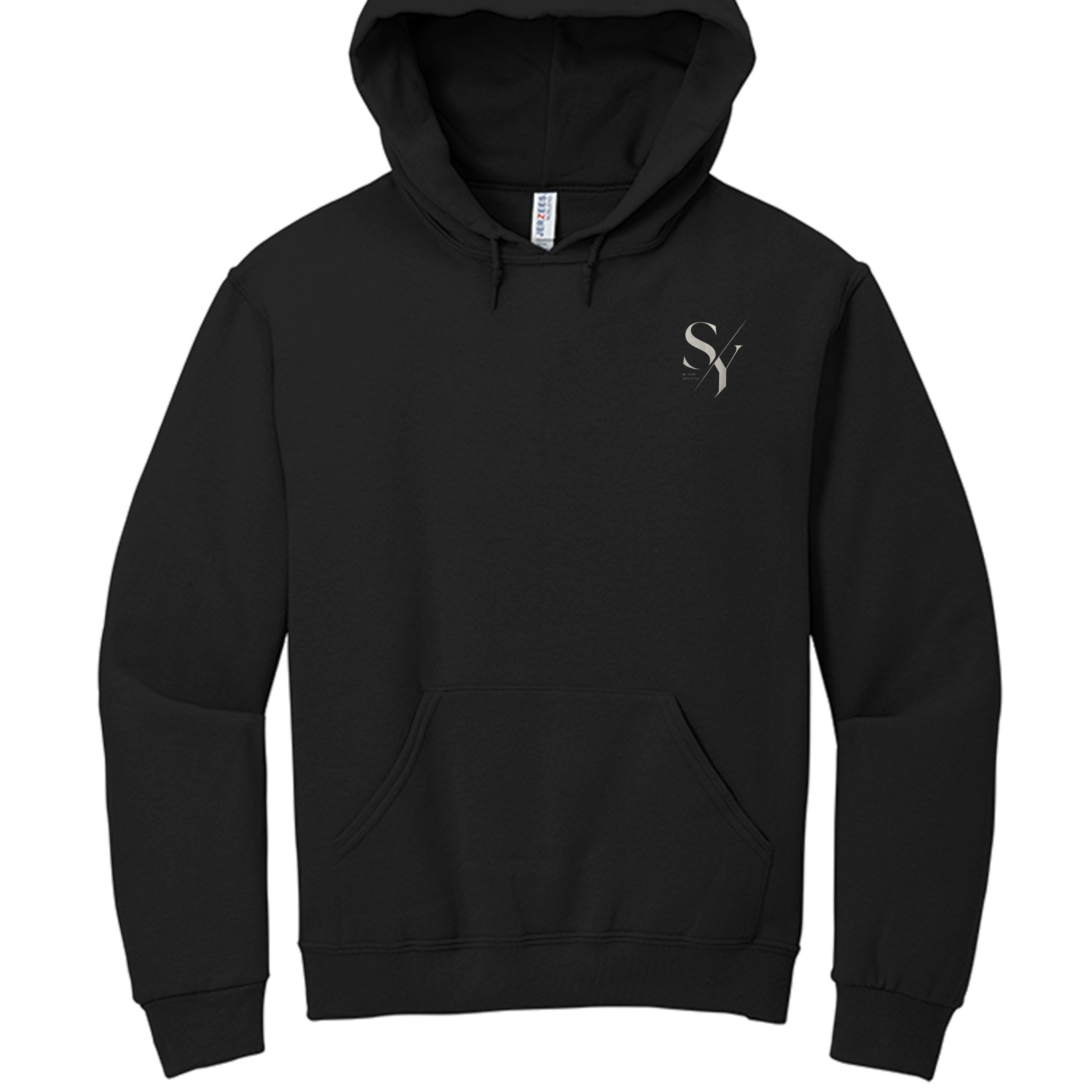 Stylio black cotton-polyester blend hoodie with a small grey SY logo on the chest and a front pouch pocket.