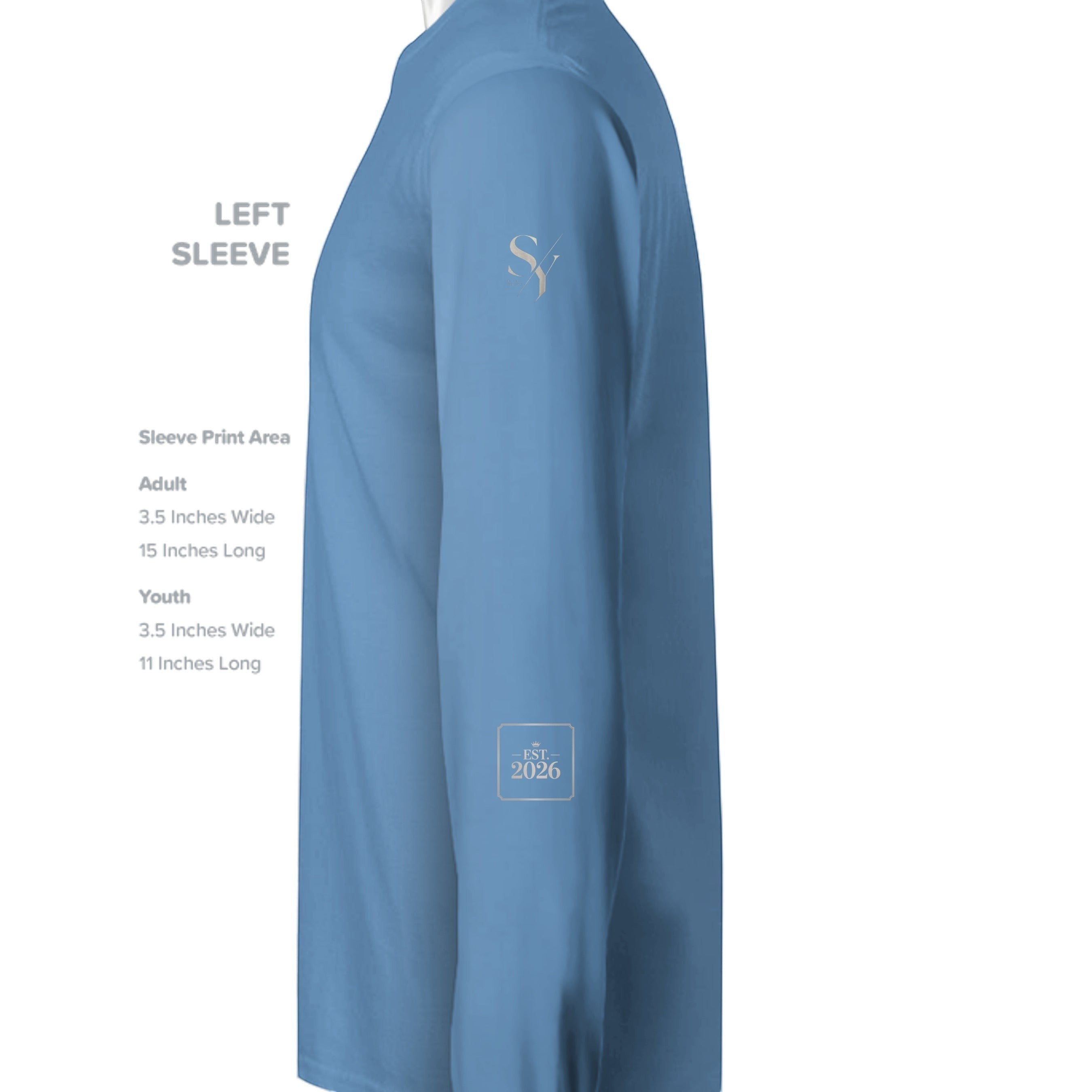Stylio blue 100% cotton long-sleeve t-shirt with ribbed cuffs and a small logo on the sleeve.