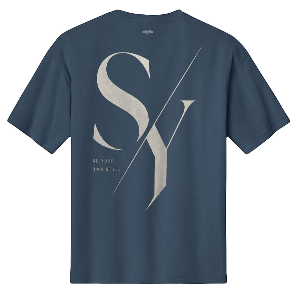 Stylio men's heavyweight blue cotton t-shirt with large 'SY' graphic and 'BE YOUR OWN STYLE' text.