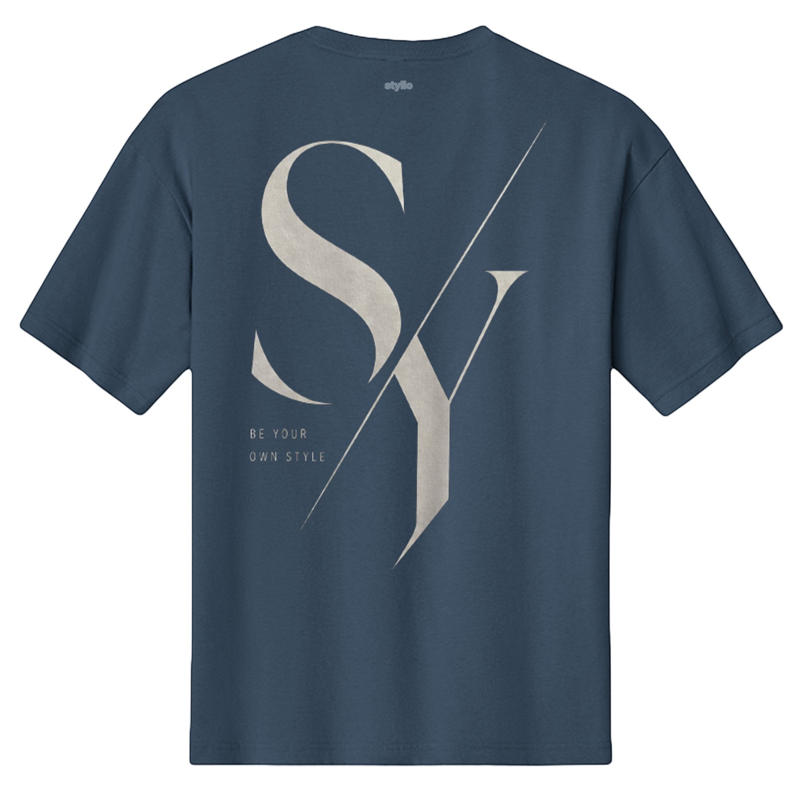 Stylio men's heavyweight blue cotton t-shirt with large 'SY' graphic and 'BE YOUR OWN STYLE' text.