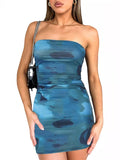 Stylio women's strapless blue tie-dye bodycon mini dress with ruched detailing and stretchy fit.