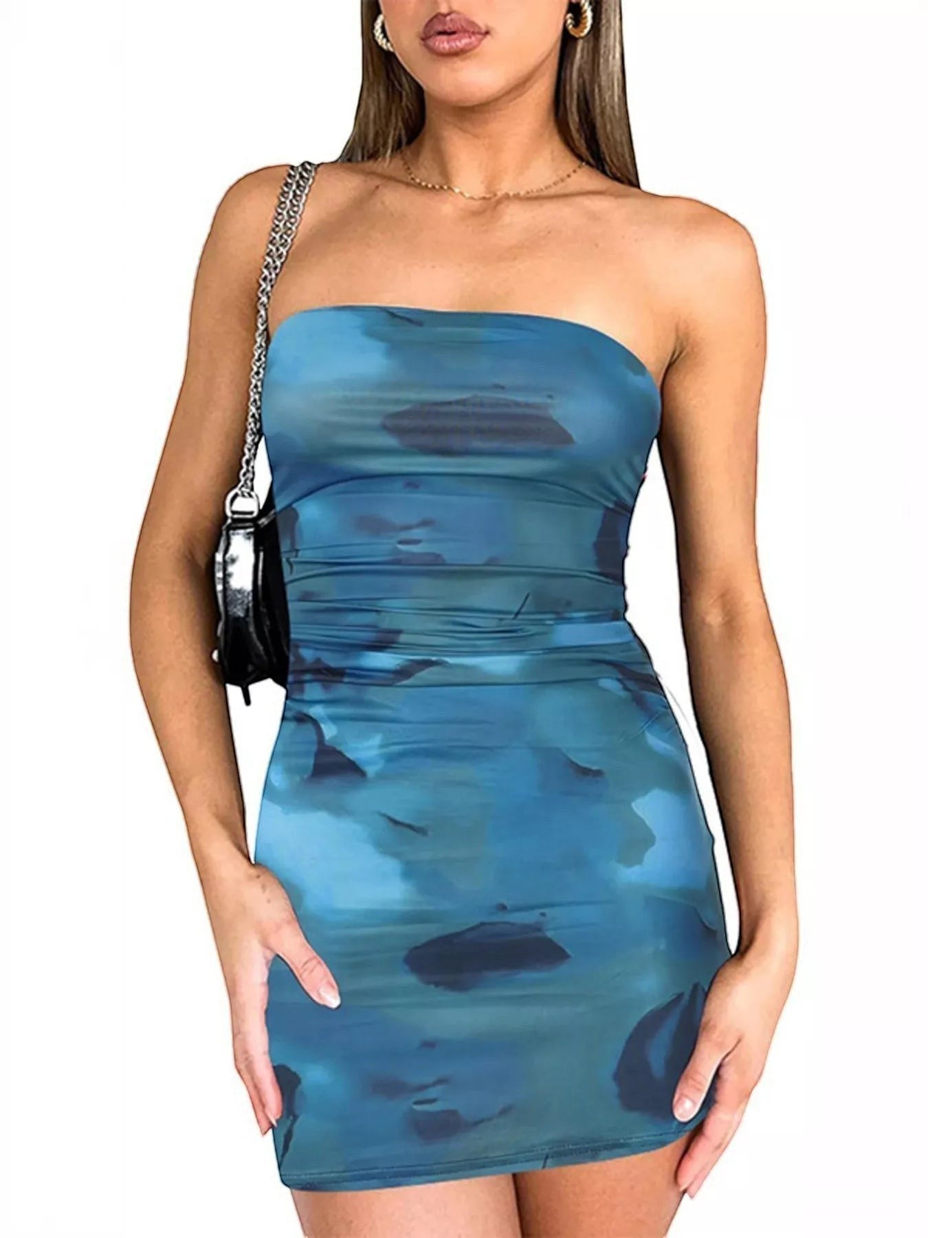 Stylio women's strapless blue tie-dye bodycon mini dress with ruched detailing and stretchy fit.