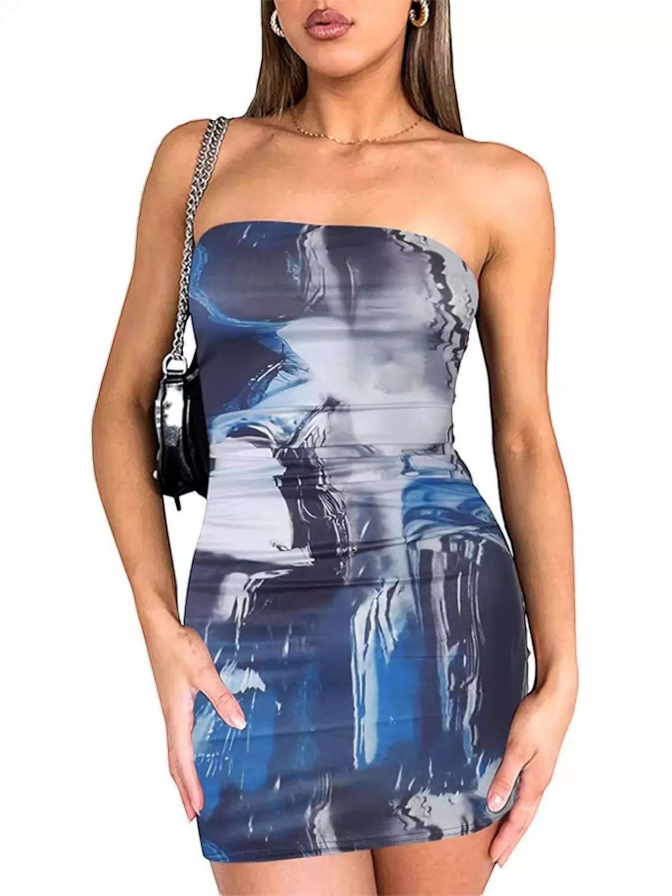 Stylio women's blue tie-dye strapless bodycon mini dress with ruched detailing and stretchy fit.