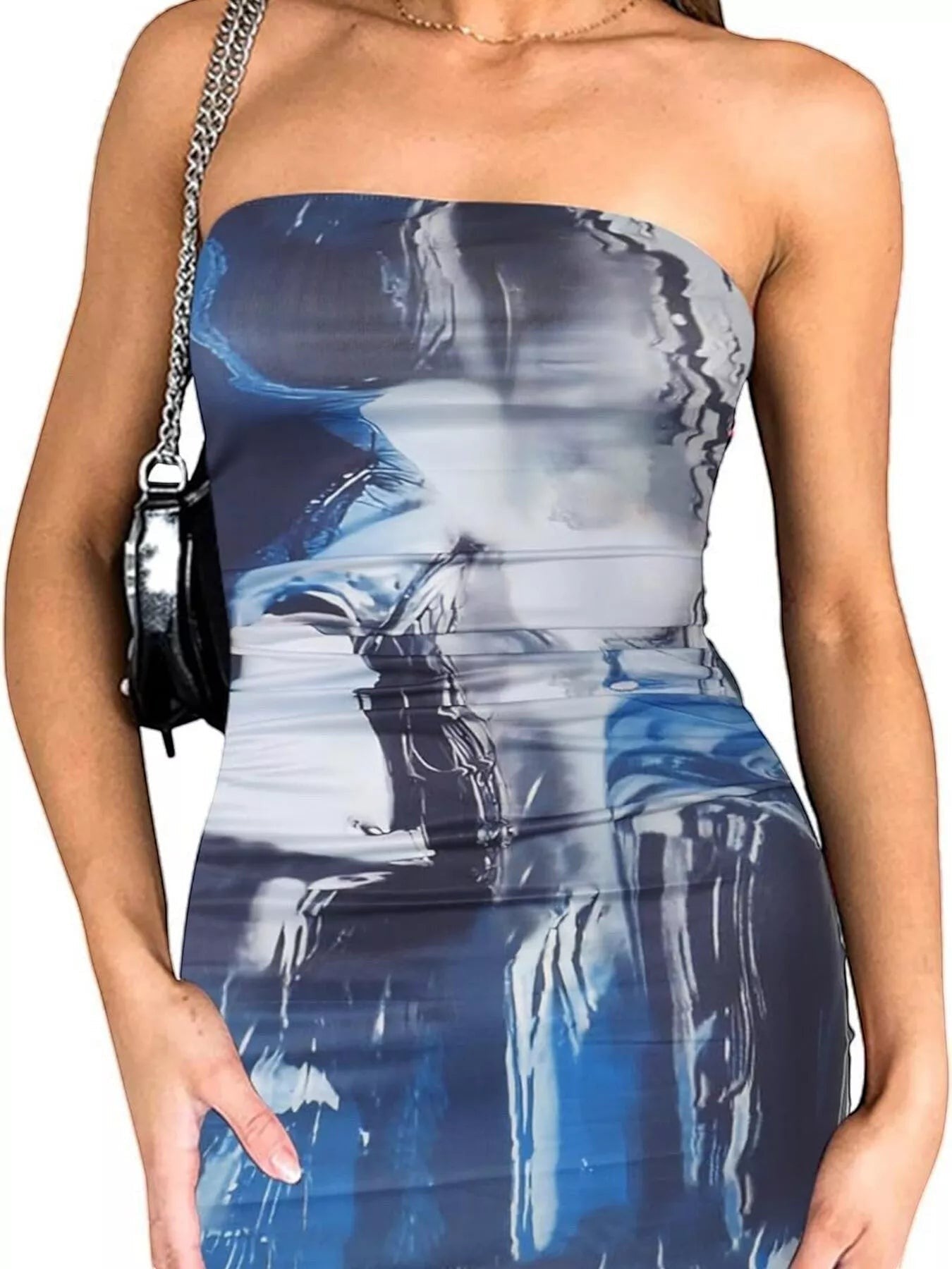 Stylio women's blue tie-dye ruched bodycon mini dress, stretchy polyester, strapless