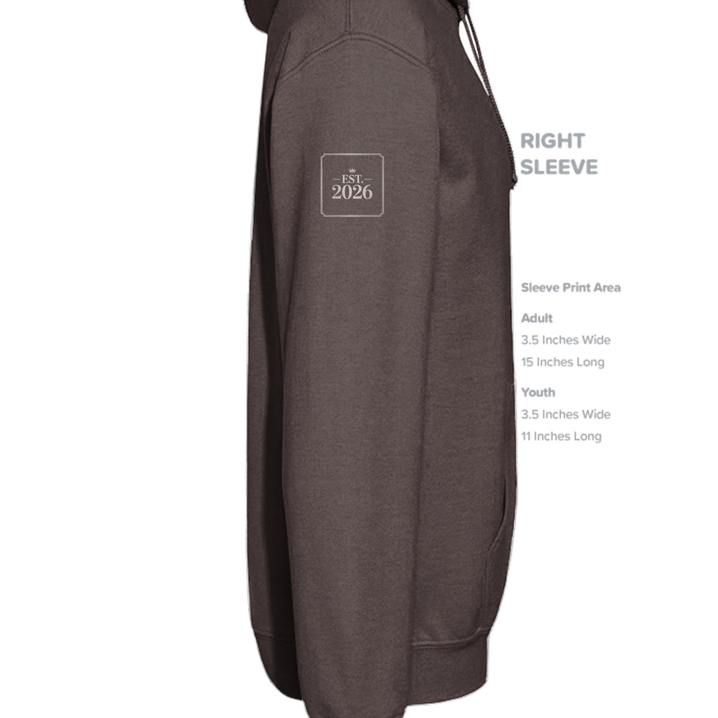 Stylio brown cotton-blend hoodie with "EST. 2026" logo on the left sleeve. Features a pouch pocket and drawstring hood.