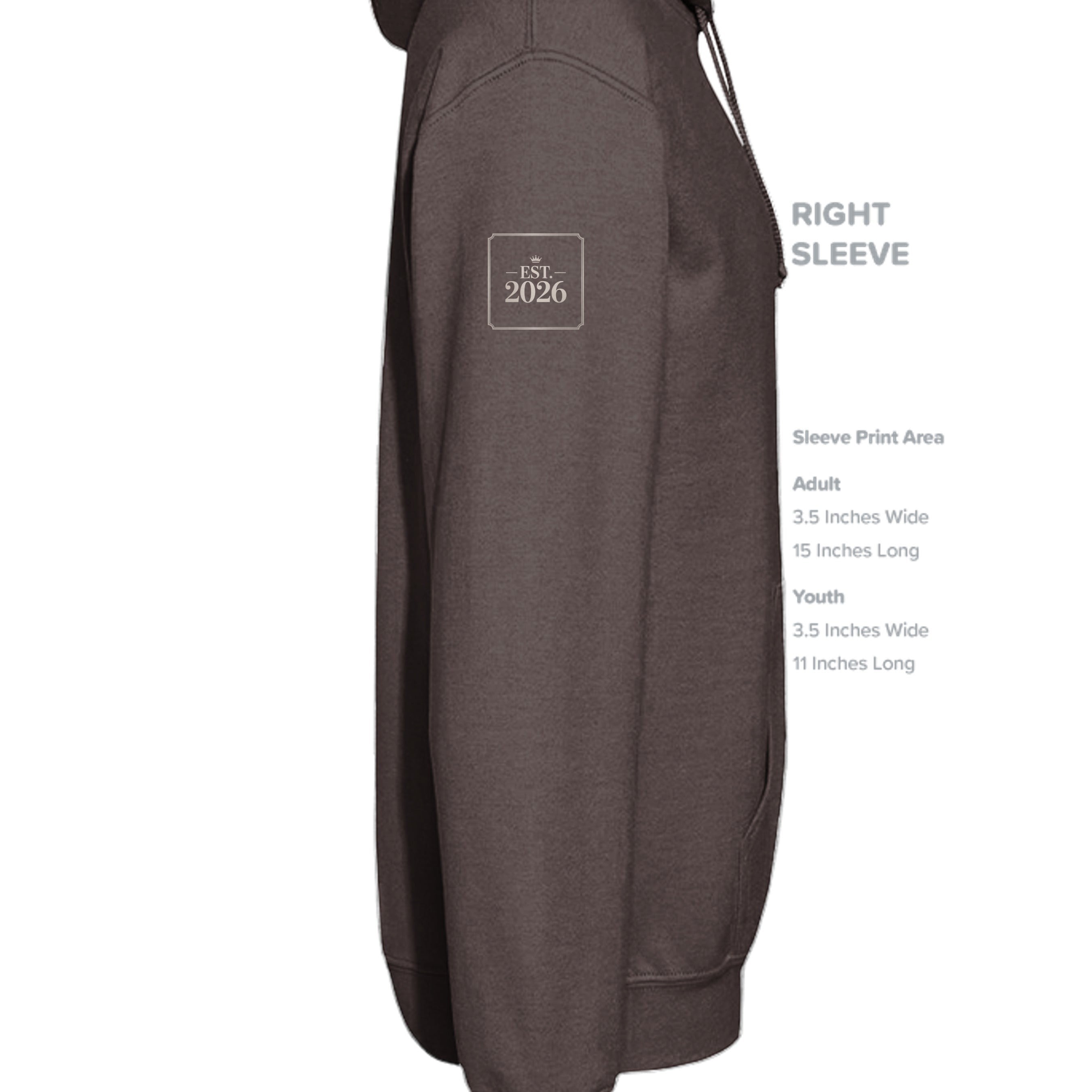 Stylio brown cotton-blend hoodie with "EST. 2026" logo on the left sleeve. Features a pouch pocket and drawstring hood.