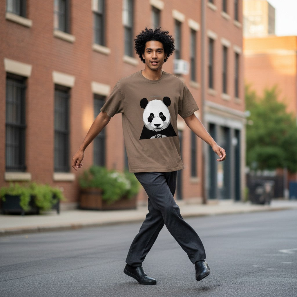 Stylio brown cotton t-shirt with a graphic panda face and "404" text. Relaxed fit, crew neck.