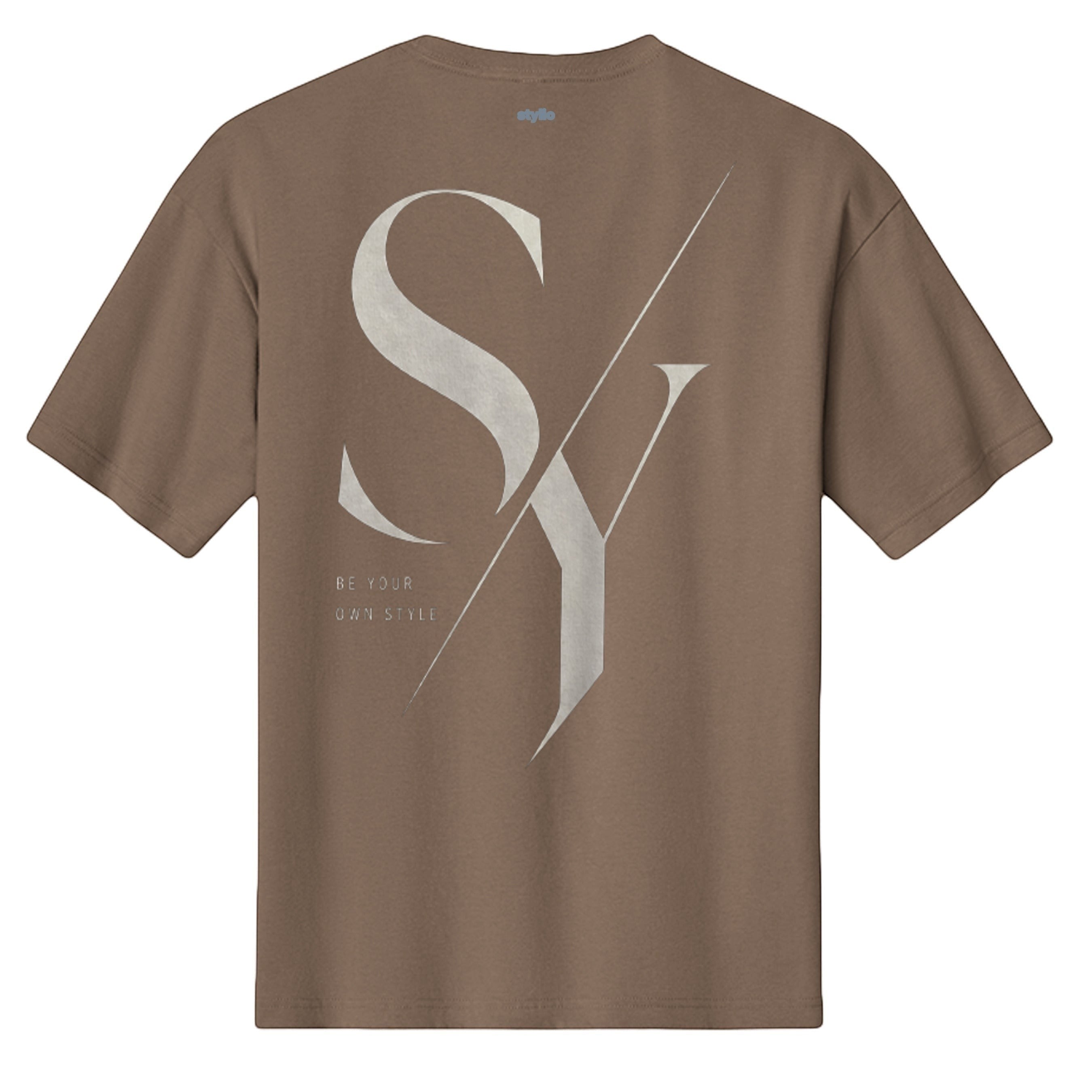 Stylio men's brown 100% cotton heavyweight t-shirt with large 'SY' graphic and 'Be Your Own Style' text.