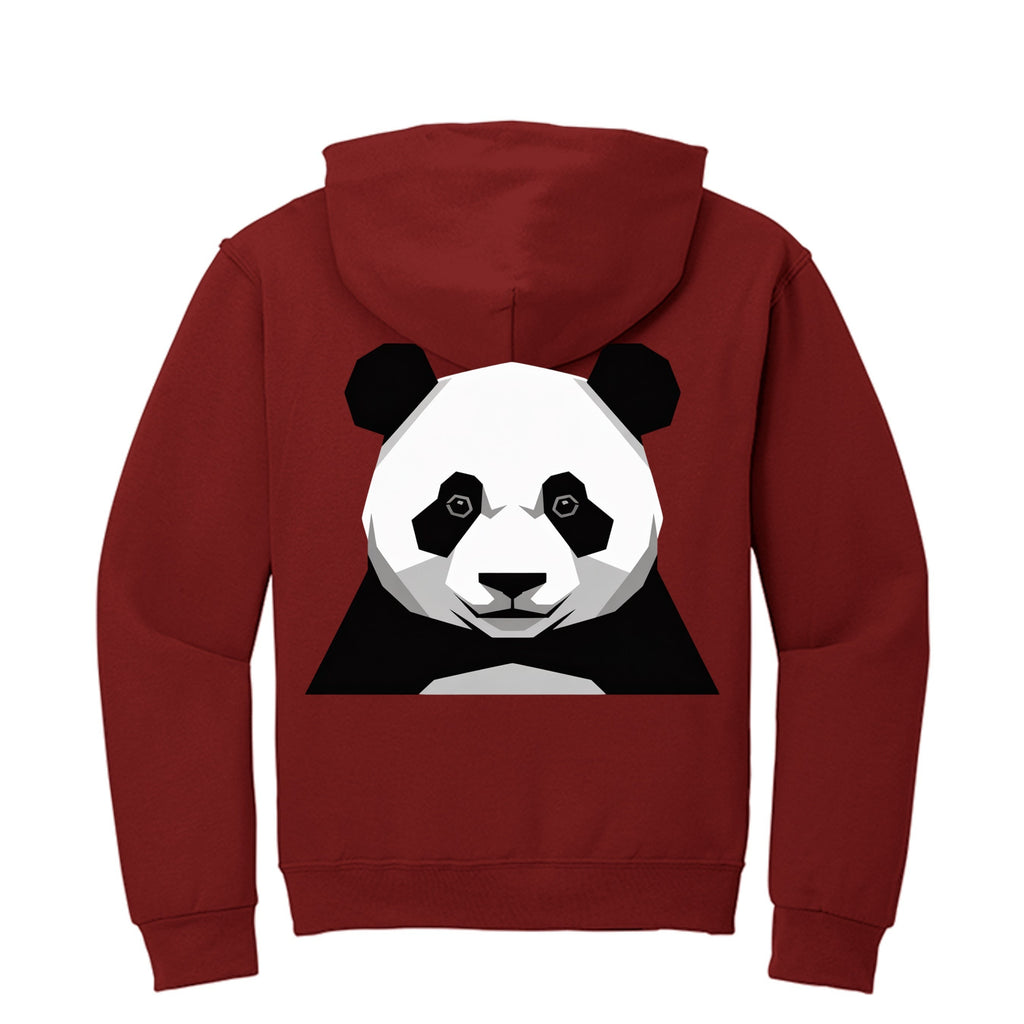 Stylio burgundy zip-up hoodie with a geometric panda graphic on the back. Made from 8 oz. NuBlend fleece.