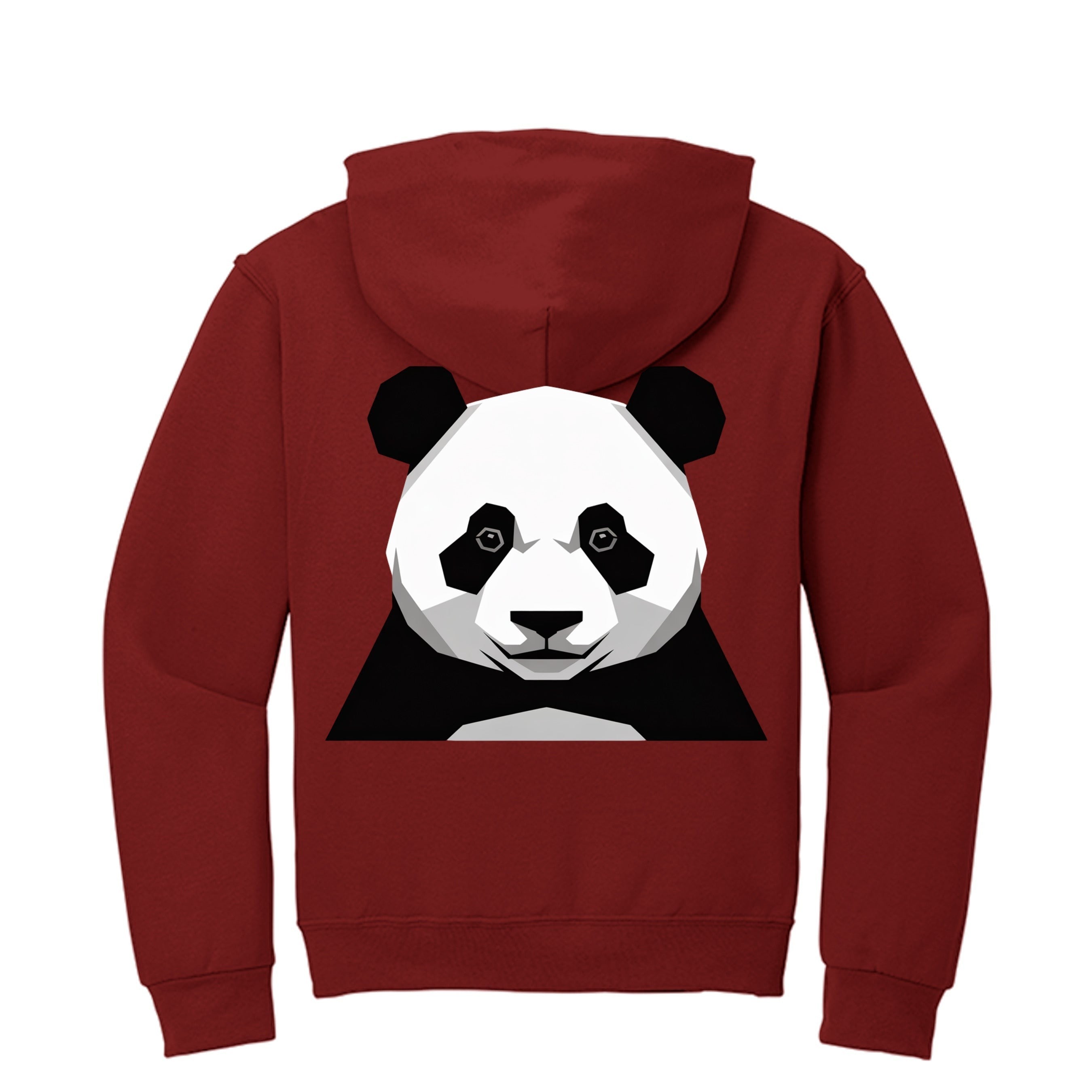 Stylio burgundy zip-up hoodie with a geometric panda graphic on the back. Made from 8 oz. NuBlend fleece.