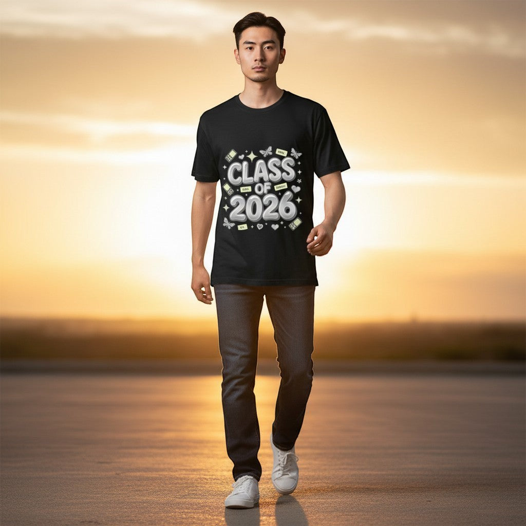 Stylio Class of 2026 Senior Tour black cotton t-shirt with graphic print. Model is wearing jeans and white sneakers.