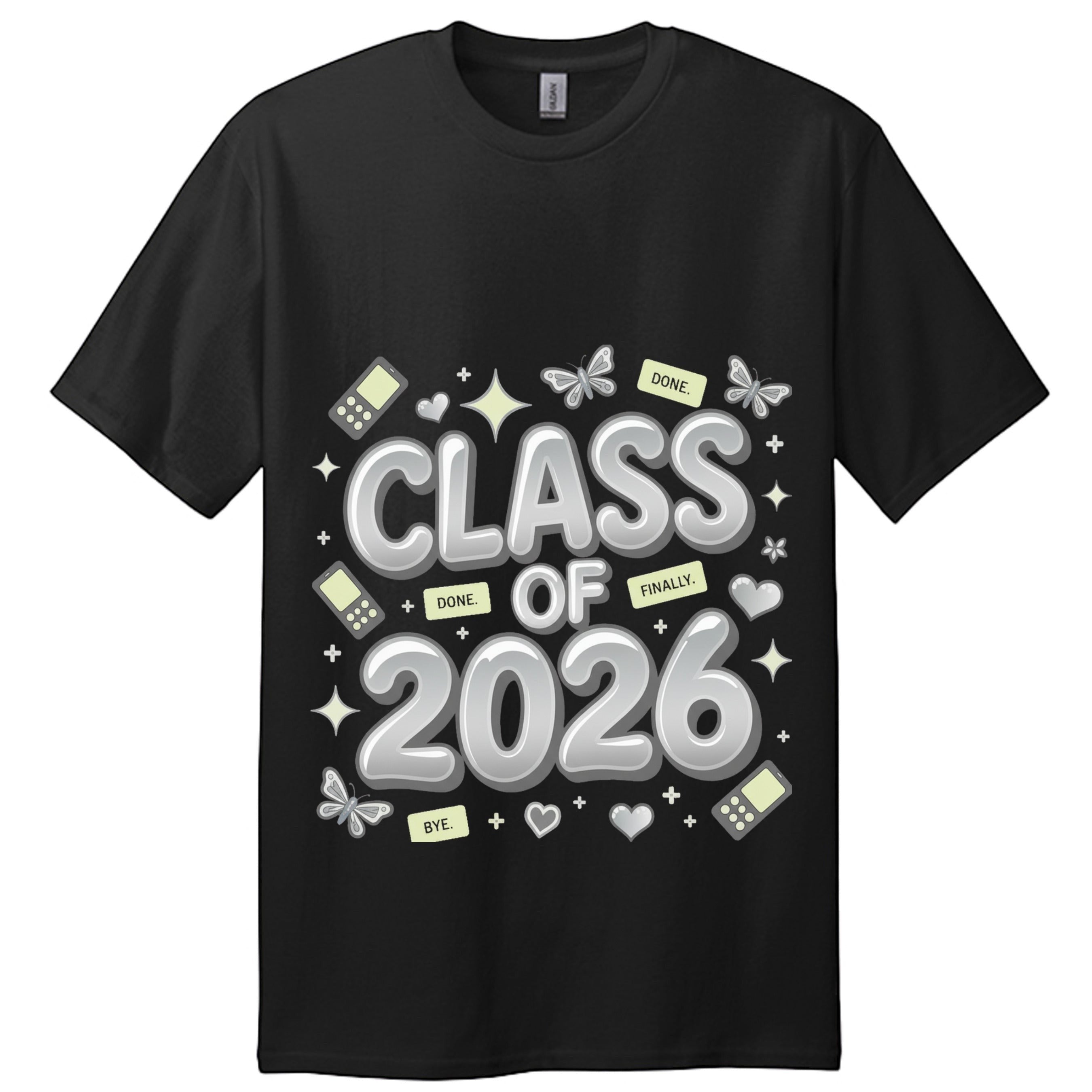Stylio black cotton t-shirt with "CLASS OF 2026" graphic and graduation icons. Perfect for seniors.