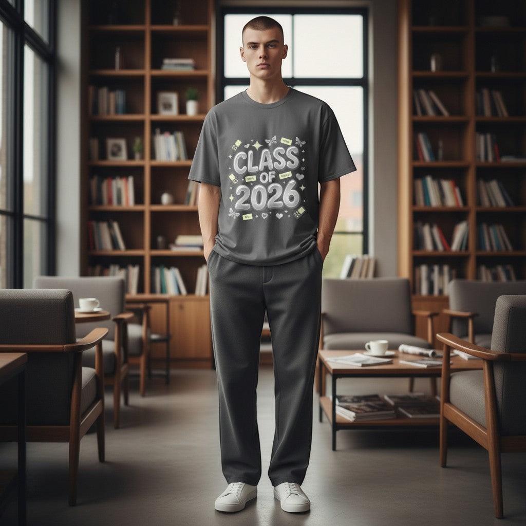 Stylio Class of 2026 Senior Tour T-Shirt in charcoal grey, featuring a graphic with celebratory icons and text.