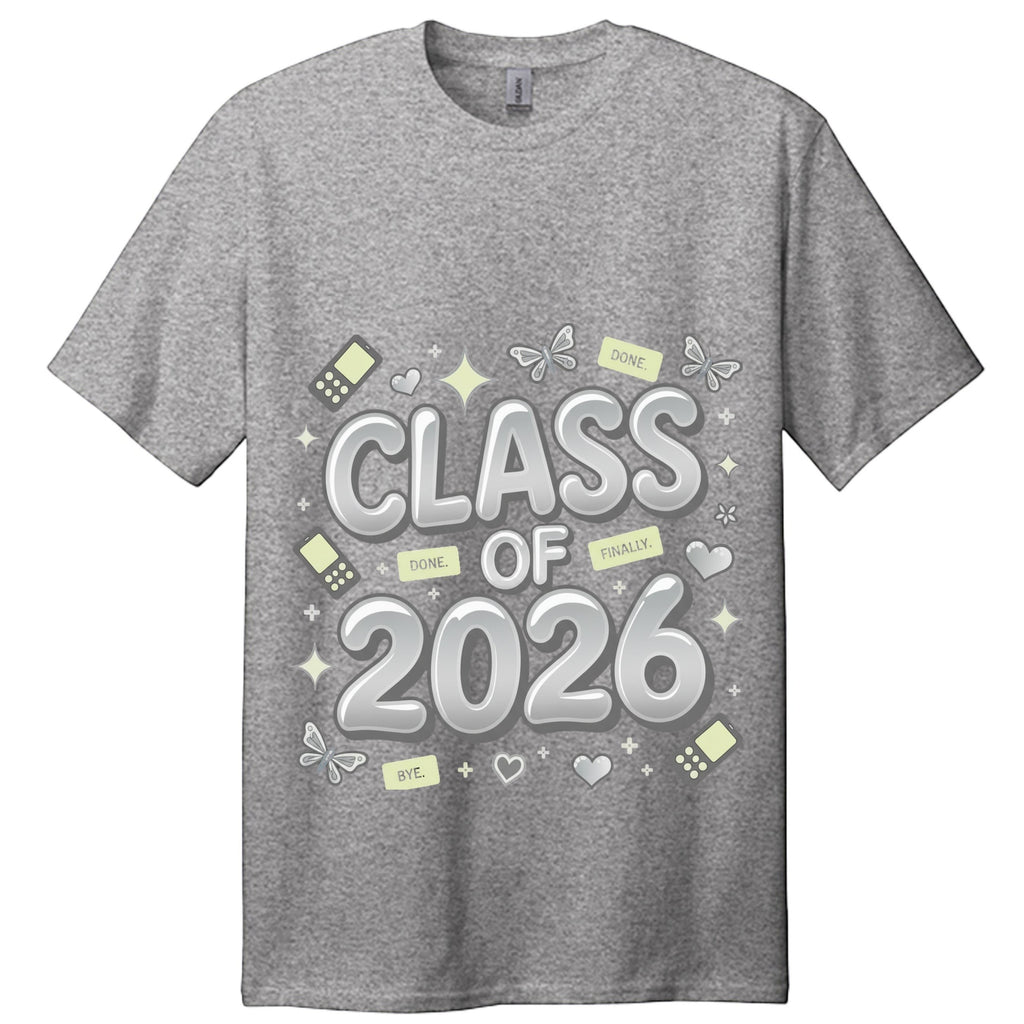 Stylio Class of 2026 Senior Tour T-Shirt in heather grey, featuring a graphic with "CLASS OF 2026" and celebratory icons.
