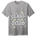 Stylio Class of 2026 Senior Tour T-Shirt in heather grey, featuring a graphic with "CLASS OF 2026" and celebratory icons.