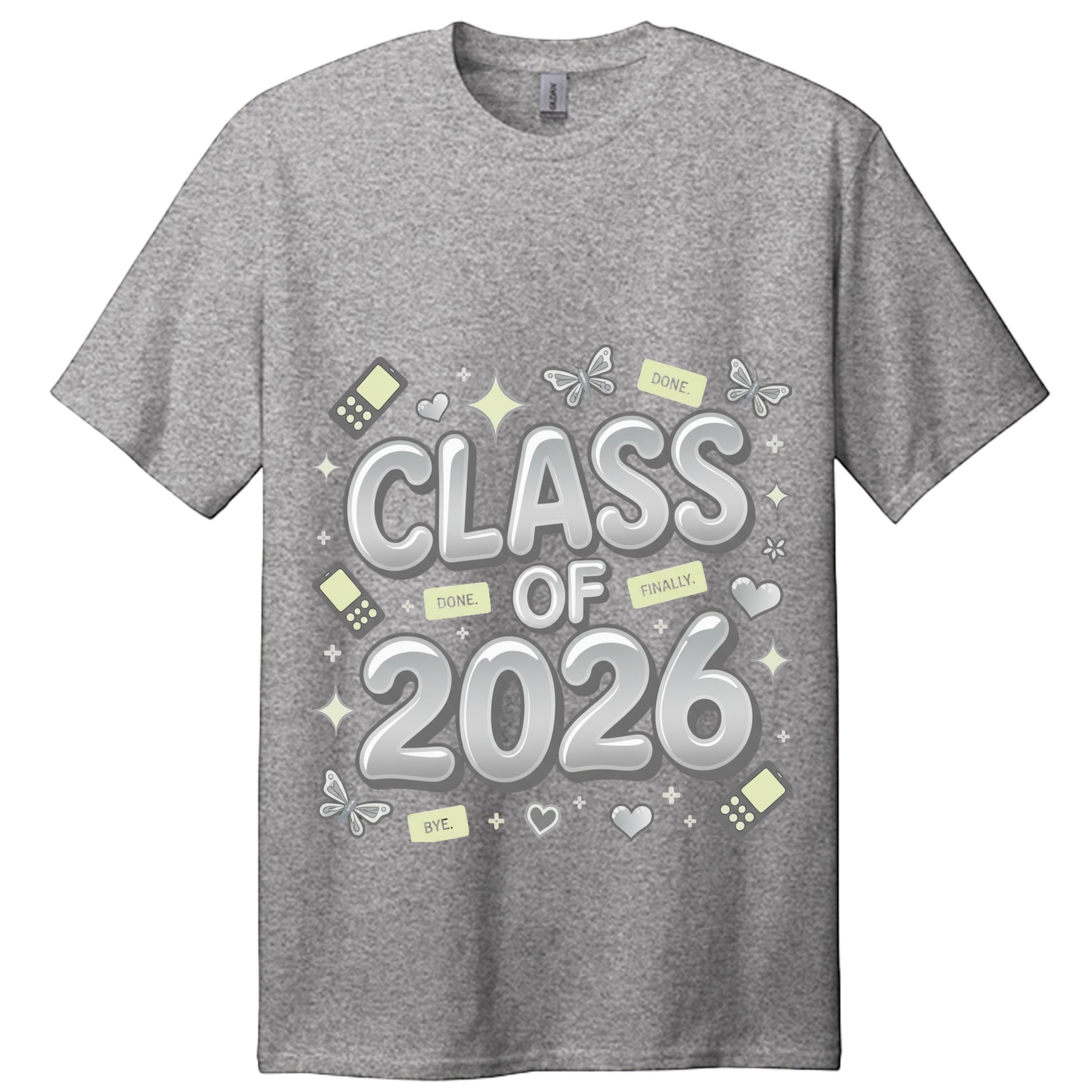 Stylio Class of 2026 Senior Tour T-Shirt in heather grey, featuring a graphic with "CLASS OF 2026" and celebratory icons.