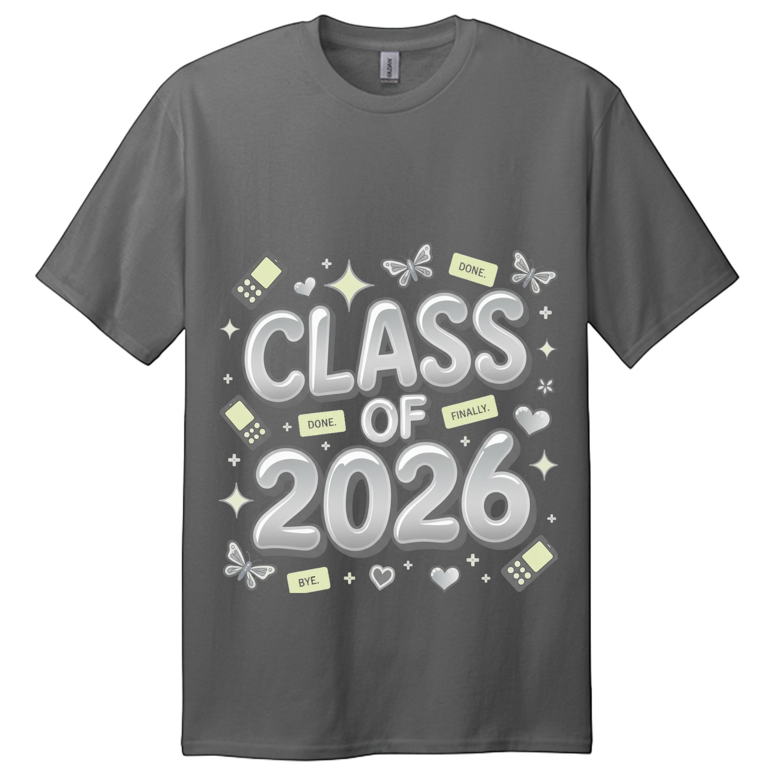 Stylio Class of 2026 Senior Tour T-Shirt in charcoal grey with "CLASS OF 2026" graphic and graduation icons.