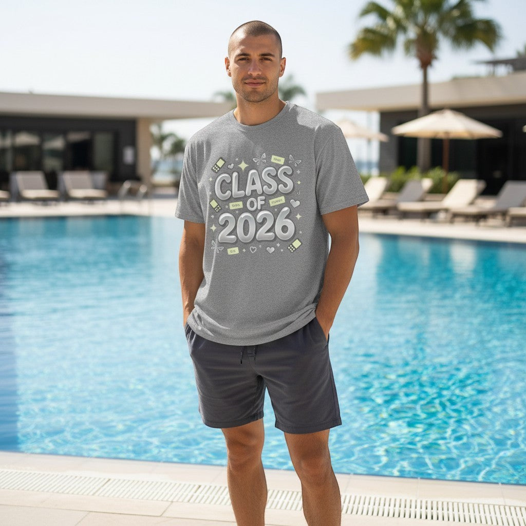 Stylio Class of 2026 Senior Tour T-Shirt in grey, featuring a graphic celebrating the graduating class with icons and dates.