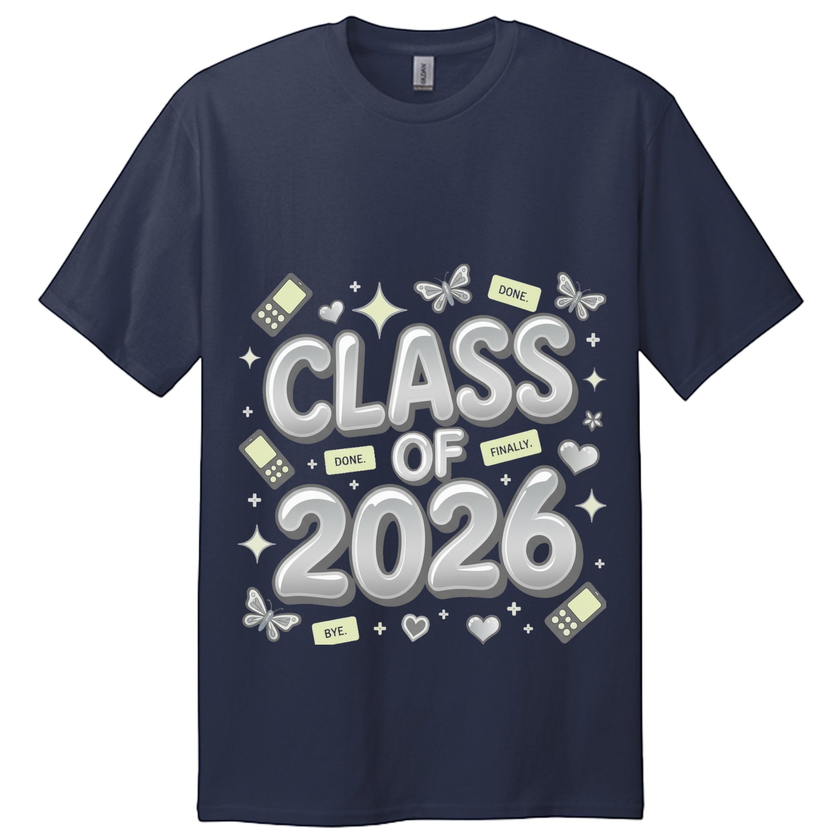 Stylio Class of 2026 Senior Tour T-Shirt in navy blue, featuring a graphic with "CLASS OF 2026" and celebratory icons.