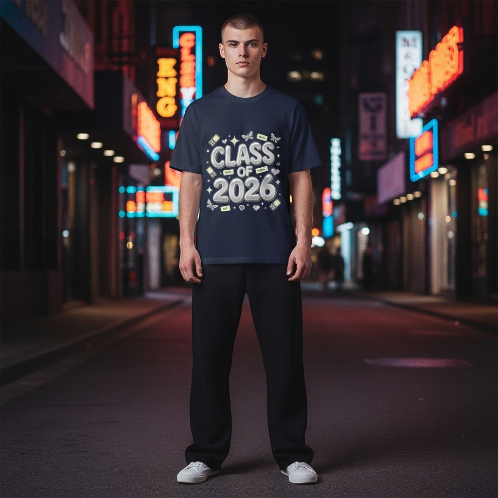 Stylio Class of 2026 Senior Tour T-Shirt with "GRAD SENIOR TOUR '26" graphic on back. Navy blue cotton.