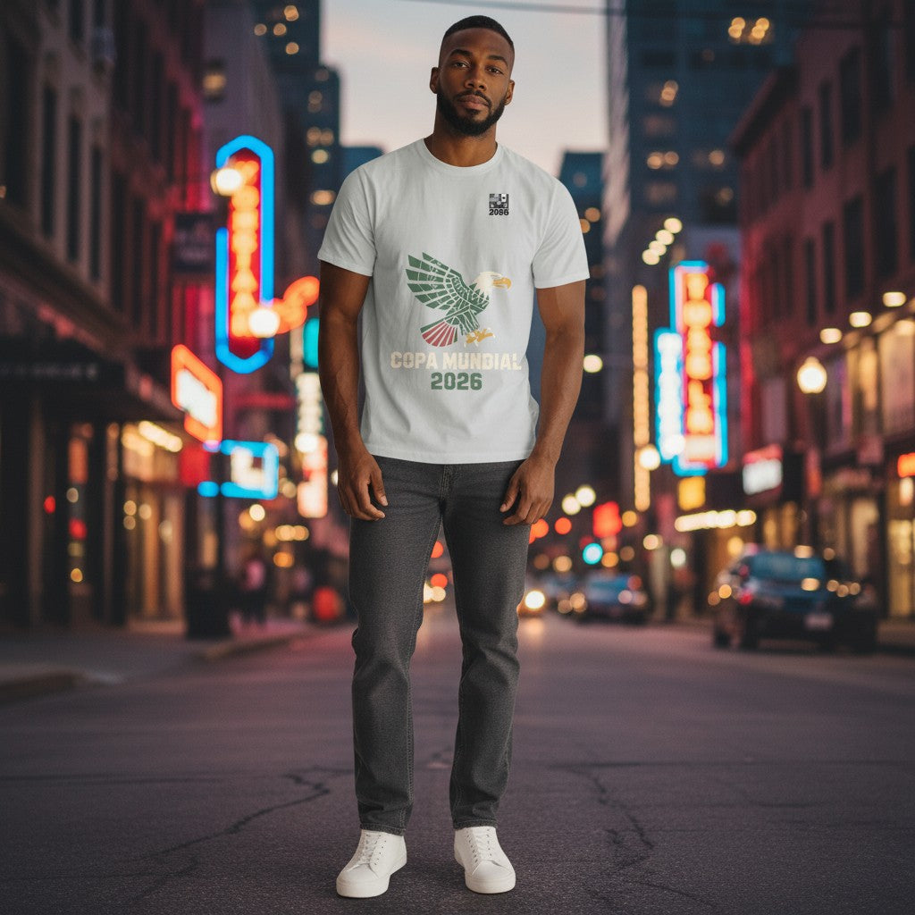 Stylio light grey t-shirt with a green eagle graphic and "Copa Mundial 2026" text. Features US and Canadian flags.