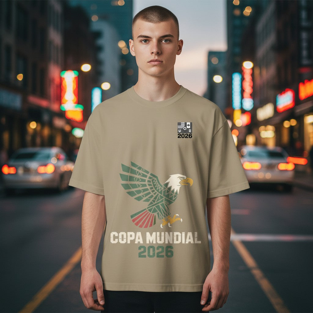 Stylio tan t-shirt with eagle graphic and "Copa Mundial 2026" text. Features US, Canada, and Mexico flags.